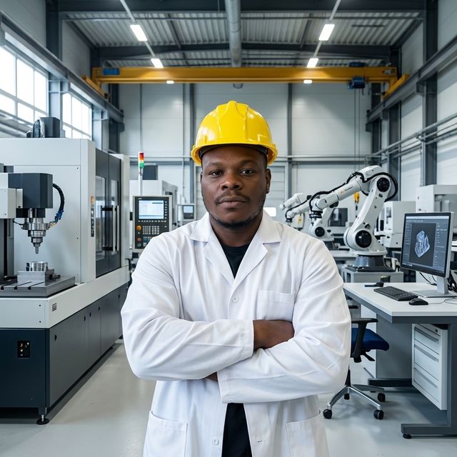Image générée par IA : Valéry JOSY (JOSY EI) en casque dans un atelier industriel, pour l'industrie