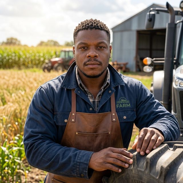 Image générée par IA : Valéry JOSY (JOSY EI) devant un champ et un tracteur, pour les exploitants agricoles