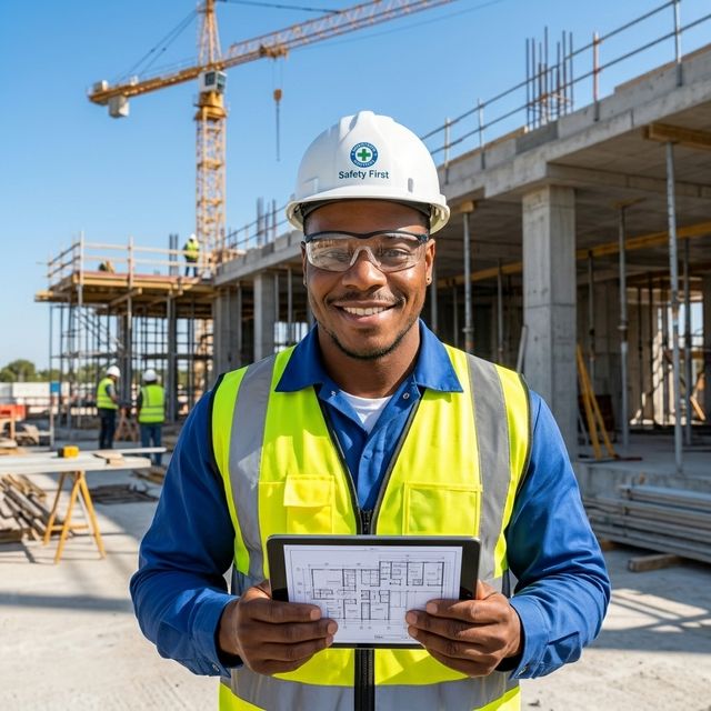 Image générée par IA : Valéry JOSY (JOSY EI) en casque et gilet sur un chantier, plan sur tablette, pour les artisans du bâtiment