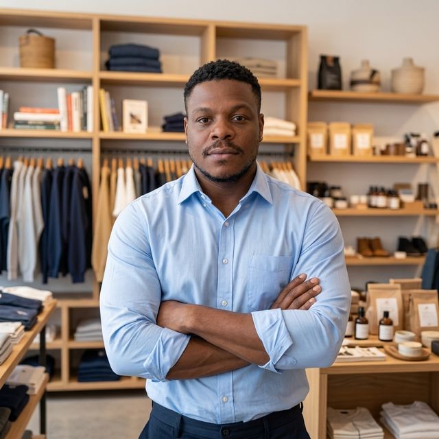 Image générée par IA : Valéry JOSY (JOSY EI) dans une boutique de vêtements, pour les commerçants