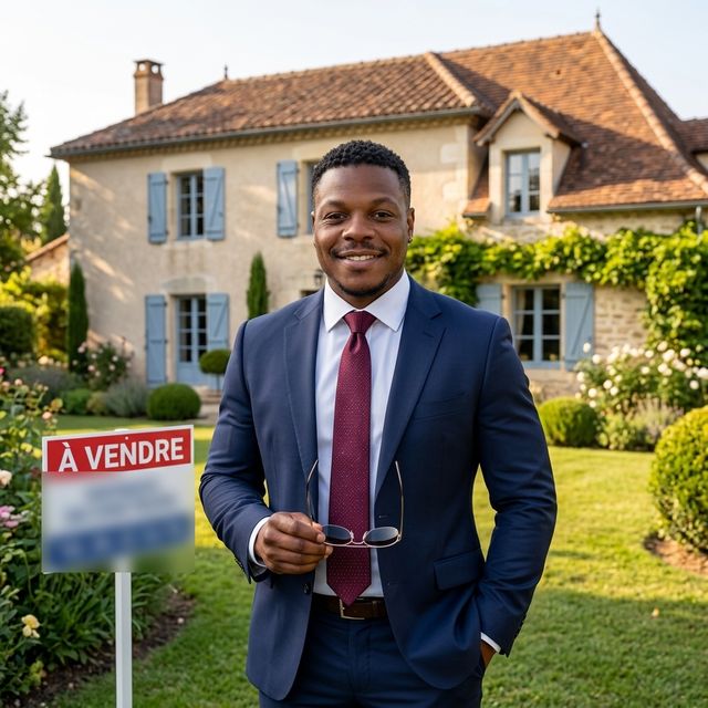 Image générée par IA : Valéry JOSY (JOSY EI) devant une maison à vendre, pour les agences immobilières