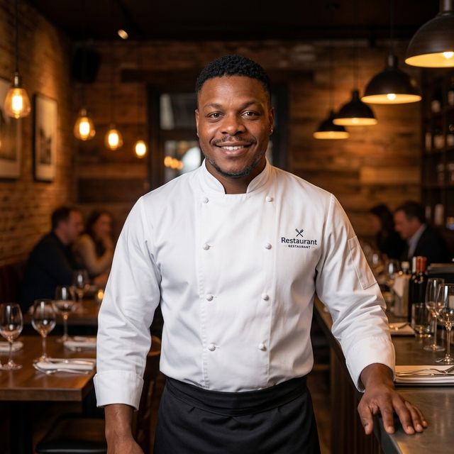 Image générée par IA : Valéry JOSY (JOSY EI) en veste de chef dans une salle de restaurant, pour les restaurants et CHR